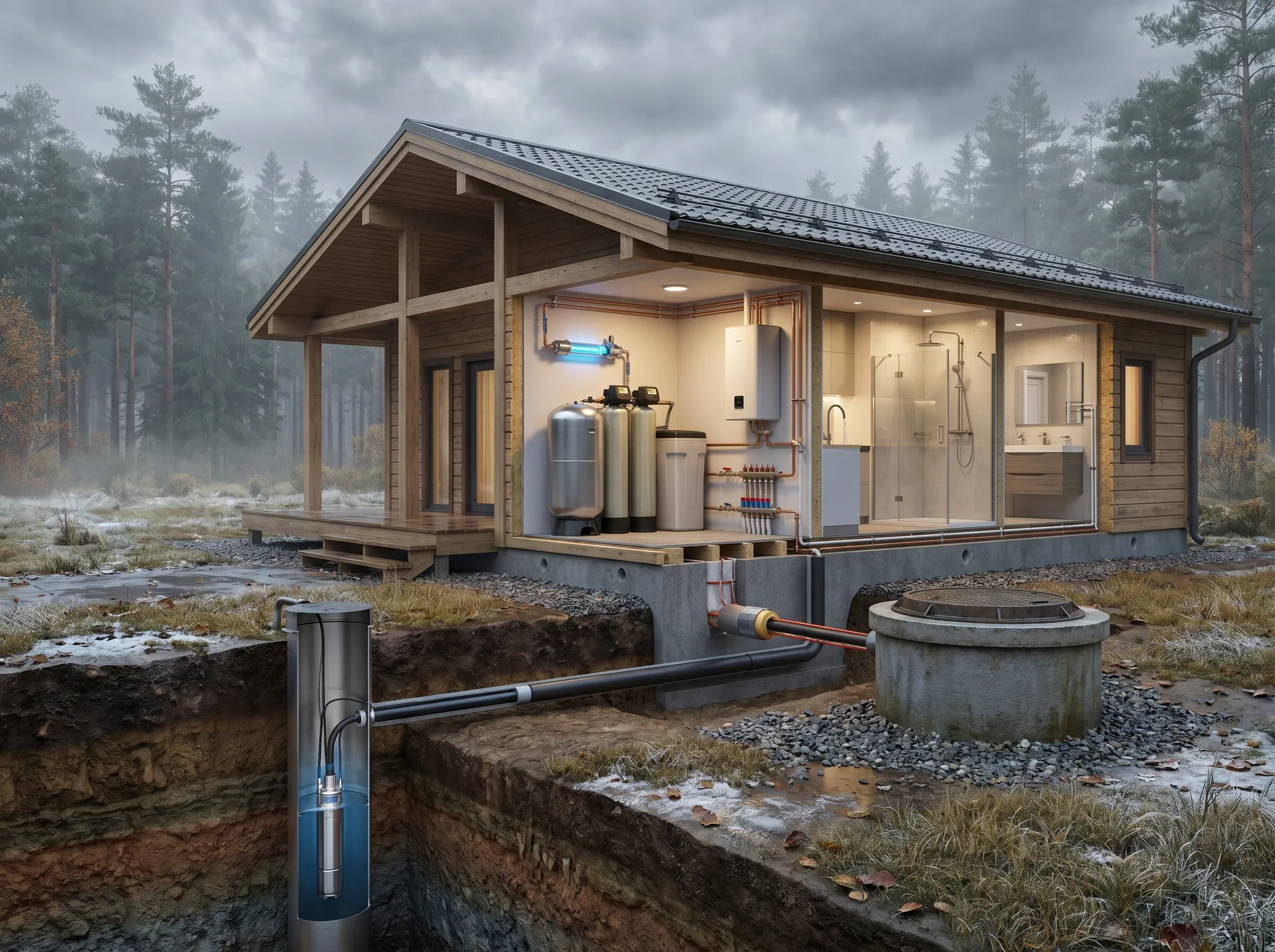 Chapter 2. Utilities and Heating. Water supply for a private house: well, borehole and indoor piping.